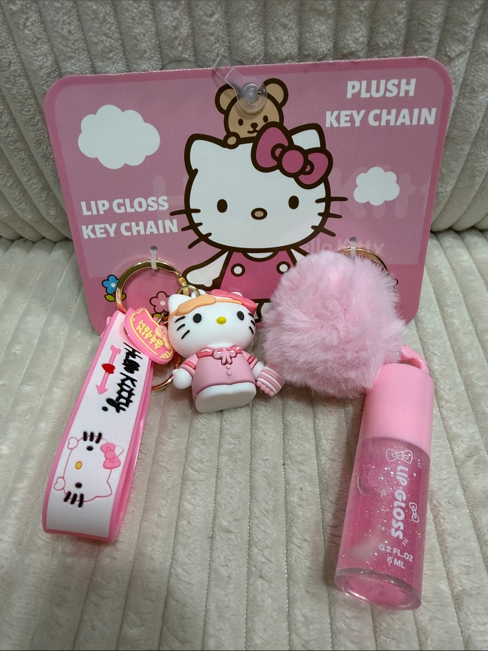 Hello Kitty Pink Keychain Set with Plush Pom and Lip Gloss